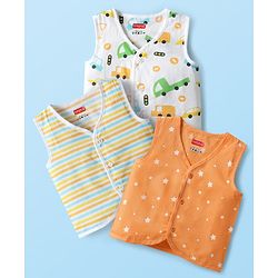 Babyhug 100% Cotton Cambric Woven Sleeveless Front Open Jhablas With Stripes & Vehicle Print Pack of 3 - Orange White & Yellow