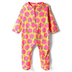 Babyhug Cotton Knit Full Sleeves Front Open Footed Sleep Suit with Apple Print - Yellow