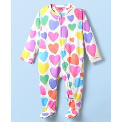 Babyhug Cotton Knit Full Sleeves Footed Sleepsuit With Heart Print - White