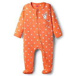 Babyhug Cotton Knit Full Sleeves Footed Sleepsuit With Polka Dot Print - Orange
