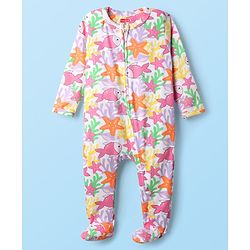 Babyhug Cotton Knit Full Sleeves Footed Sleepsuit With Fish Print - Multicolour