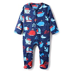 Babyhug Cotton Knit Full Sleeves Footed Sleepsuit With Nautical Theme Print - Navy Blue