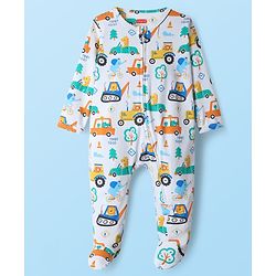 Babyhug Cotton Knit Full Sleeves Front Open Footed Sleep Suit with Vehicle & Animal Print - White