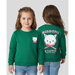 Babyhug Cotton Knit Full Sleeves Sweatshirt With Kitty Embroidery & Bow Applique - Green