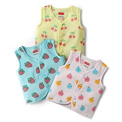 Babyhug 100% Cotton Cambric Woven Sleeveless Front Open Jhablas With Tropical Theme Print Pack of 3 - Light Blue Yellow & Light Pink