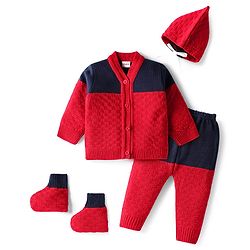 Babyhug Knit Full Sleeves Color Block Front Open Sweater Set with Cap & Booties - Red & Navy Blue
