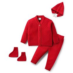 Babyhug Knit Full Sleeves Front Open Sweater Set with Cap & Booties - Red