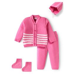 Babyhug Knit Full Sleeves Front Open Shell Designed Sweater Set With Cap & Booties - Pink & White