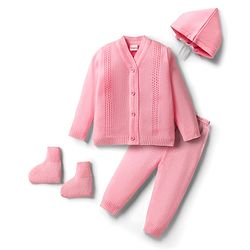 Babyhug Knitted Full Sleeves Solid Sweater Set With Cap & Mittens - Pink