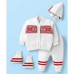 Babyhug Knit Full Sleeves Front Open Sweater Set with Fair Isle Design Booties & Cap with Knot - White & Red