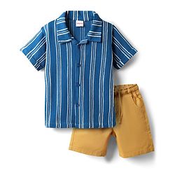Babyhug Cotton Knit Half Sleeves Striped Shirt & Shorts Set - Blue & Khaki