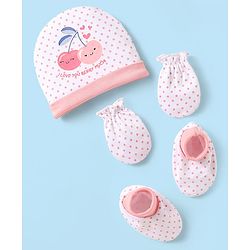 Babyhug 100% Cotton Knit Cap Mittens & Booties Set with Polka Dots & Berry Print White - Diameter 10 cm