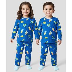 Babyhug Cotton Knit Full Sleeves Night Suit Teddy Print - Navy Blue & Yellow main image 1
