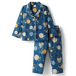 Babyhug Cotton Woven Full Sleeves Front Open Co-ords Night Suit With Space Theme Print - Blue