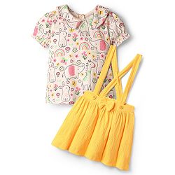 Babyhug Single Jersey Knit Half Puffed Sleeves Top & Skirt Set with Bow Applique & Jungle Theme Print - Yellow