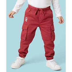 Babyhug Twill Full Length Cut & Sew Text Printed Trouser With Cargo Pockets & Stretch - Red