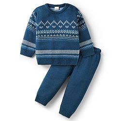 Babyhug Knitted Full Sleeves Sweater Set with Aztec Design - Blue