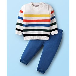 Babyhug Knitted Full Sleeves Sweater Set with Stripe Design - White & Blue