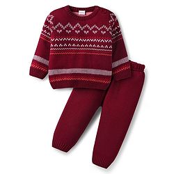 Babyhug Knitted Full Sleeves Sweater Set with Aztec Design - Maroon