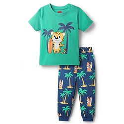 Babyhug Cotton Knit Terry Half Sleeves Night Suit With Floral Print - White