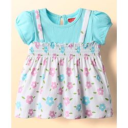 Babyhug Single Jersey Knit Half Sleeves Frock With Floral Print & Smocking Detail - White & Light Blue
