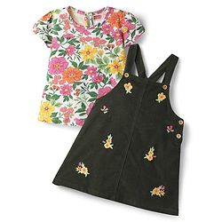 Babyhug Cotton Knit Frock & Half Sleeves Inner Tee With Floral Print & Embroidery - Dark Green