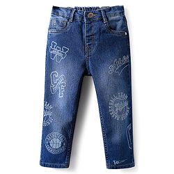 Babyhug Denim Full Length Washed Jeans With Stretch & Sports Theme Print - Navy Blue