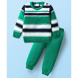 Babyhug Knitted Full Sleeves Striped Sweater Set - Green