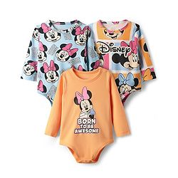 Babyhug Disney Interlock Knit Full Sleeves Onesies with Minnie Mouse & Family Graphics Pack of 3 - Orange & Blue