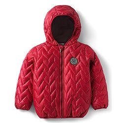 Babyhug Woven Full Sleeves Padded Hooded Jacket With Patch Detailing - Red