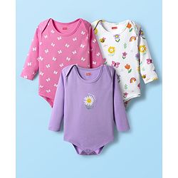 Babyhug 100% Cotton Interlock Knit Full Sleeves Onesies With Butterfly & Floral Print Pack Of 3 - Pink White & Purple