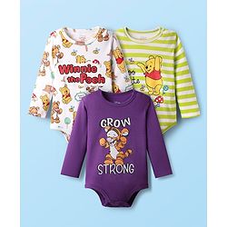 Babyhug Disney Interlock Knit Full Sleeves Onesies with Winnie The Pooh Graphics Pack of 3 - White Purple & Light Green