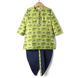 Babyhug Woven Full Sleeves Elephant Printed Kurta & Dhoti Set - Green & Navy Blue