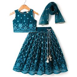 Babyhug Woven Sleeveless Choli Lehenga Set with Dupatta & Floral Embroidery - Navy Blue