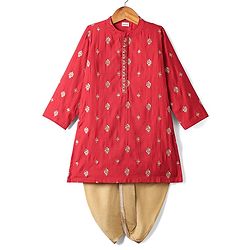 Babyhug Woven Full Sleeves Kurta Dhoti Set with Floral Embroidery - Red