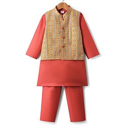 Babyhug Woven Full Sleeves Kurta Pyjama Set with Embroidered Waistcoat - Red