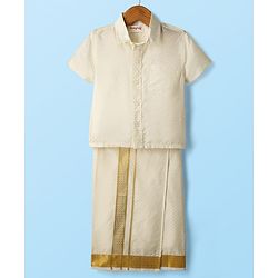 Babyhug Woven Half Sleeves Solid Shirt & Mundu Set - Offwhite