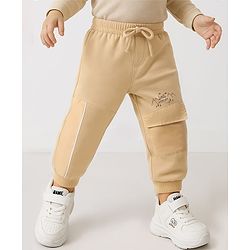 Babyhug Cotton Terry Knit with Woven Tafetta Pocket Cut & Sew Design Full Length Lounge Pant - Beige