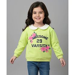 Babyhug 100% Cotton Full Sleeves Floral & Text Printed Sweatshirt With Peter Pan Collar - Light Green