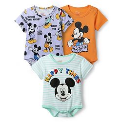 Babyhug Disney Interlock Knit Half Sleeves Onesies with Mickey Mouse and Family Graphics Pack of 3 - Mustard & Lavender