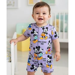 Babyhug Disney 100% Cotton Half Sleeves Romper With Mickey Mouse Graphics - Purple