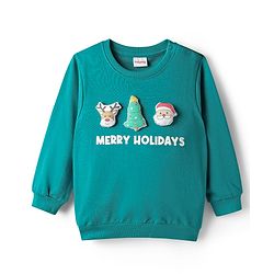 Babyhug Cotton Knit Full Sleeves Sweatshirt with Merry Christmas Graphics & Applique - Teal Blue