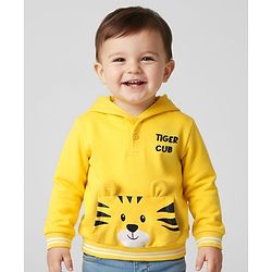 Babyhug Cotton Knit Full Sleeves Hooded Sweatshirt with Tiger Print & Kangaroo Pocket - Yellow