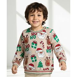 Babyhug Cotton Knit Full Sleeves Sweatshirt With Christmas Print - Beige