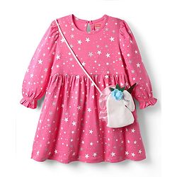 Babyhug Cotton Knit Full Peasant Sleeves Star Printed Frock With ...