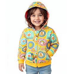 Babyhug Cotton Knit Full Sleeves Hooded Sweatjacket with Text Print & Kangaroo Pocket - Yellow