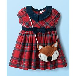 Babyhug Cotton Woven Collar Neck Half Sleeves Checkered Frock With Sling Bag - Red
