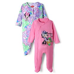 Babyhug Interlock Knit Full Sleeves Footed Sleepsuit With Minnie Mouse Graphics Pack Of 2 - Pink & Purple