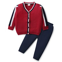 Babyhug Knitted Full Sleeves Solid V Neck Sweater Set with Front Open Button & Tape Design - Red & Navy Blue