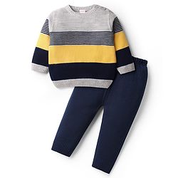 Babyhug Knitted Full Sleeves Pullover Sweater Set with Cap & Chevron Design - Pink main image 0